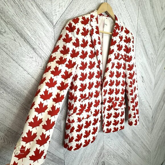 Suslo Blazer Canada Maple Leaf Print Mens Medium 40 Slim Fit Red White Canadian - Picture 2 of 9
